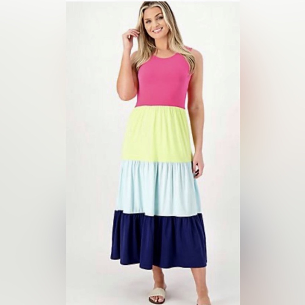 Lands End NWT size Small Sleeveless Tiered Maxi Dress color block Rainbow - Picture 3 of 7